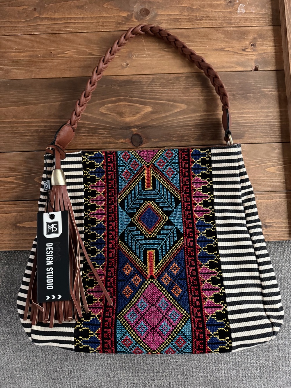 MMS Design Studio Multicolor Embroidered Tote Bag with Brown Braided Handle